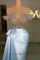 Blue Prom Dress Strapless Beaded Off The Shoulder Column Satin Panel Train Formal Dress