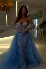 Blue Prom Dress Strapless Sleeveless Long Mermaid Evening Formal Dress with Beadings