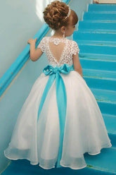 Blue Sash Short Sleeves Crystals Girls Pageant Dress Puffy Tulle Flower Girl Dresses BA3744