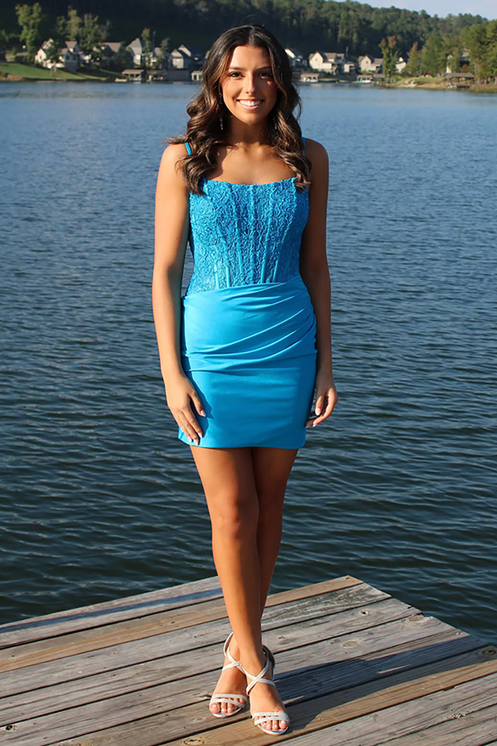 Suzhoufashion Blue Satin Homecoming Dresses Corset Short Tight Cocktail Dresses With Lace Suzhoufashion Blue Satin Homecoming Dresses Corset Short Tight Cocktail Dresses With Lace