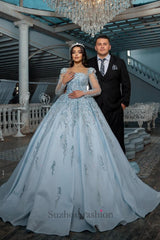 Blue Square Long Illusion Sleeves Beaded Sequined Ball Gown Long Satin Bridal Gown With Appliques