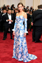 Blue Wedding Guest Dress Floral A Line Sweetheart Long Gala Dress With Long Sleeves
