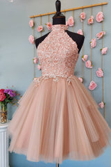 Blush Homecoming Dresses A-Line Short Tulle Prom Dress with Lace