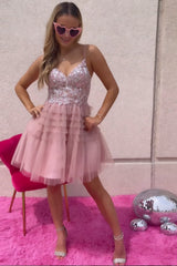 Blush Homecoming Dresses A-Line Spaghetti Straps Tulle Short Cocktail Dresses with Lace