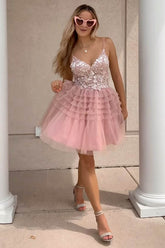 Blush Homecoming Dresses A-Line Spaghetti Straps Tulle Short Cocktail Dresses with Lace