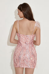 Blush Homecoming Dresses Sequined V-Neck Prom Dress With Feathers
