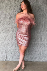 Blush Homecoming Dresses Tight Sequin Prom Dress with Feathers