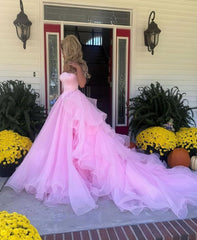 Suzhoufashion Blush Pink Off-The-Shoulder Ball Gown With Crystal Embellishments Formal Evening Gown