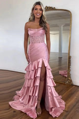 Blush Prom Dress Tiered Mermaid Long Formal Dress With Slit