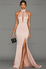 Satin Black Wedding Guest Dress Mermaid Halter Neck Formal Dress