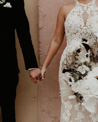 Boho Halter Mermaid Wedding Dress for Women with Floral Lace Appliques