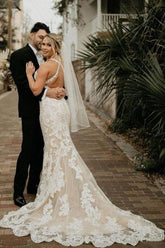Boho Halter Mermaid Wedding Dress for Women with Floral Lace Appliques