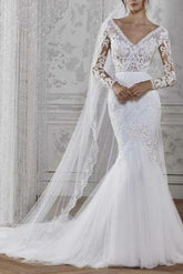 Boho Mermaid Beach Wedding Dresses V-Neck Lace Tulle Long Sleeve Bridal Gowns Illusion Sleeve Bridal Gowns Court Train