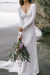 Boho Sexy Backless A-Line Beach Wedding Dress V-neck Lace Long Sleeve Bridal Gowns with Sweep Train