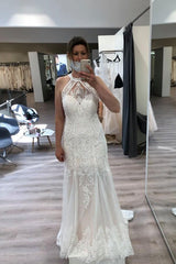 Boho White/Ivory Halter Floral Lace Mermaid Bridal Dress