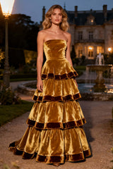 Suzhoufashion Brown A-Line Strapless Tiered Long Velvet Holiday Party Dress