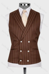Brown Striped Peaked Lapel 3 Piece Business Men's Suit