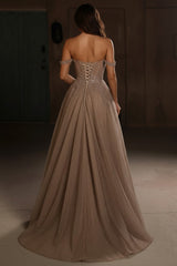 Brown Tulle A Line Prom Dress with Corset Bodice and Rhinestones
