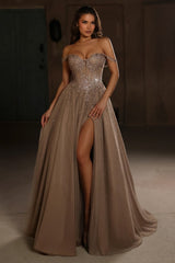 Brown Tulle A Line Prom Dress with Corset Bodice and Rhinestones