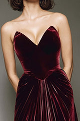 Burgundy A-Line Sweetheart Maxi Velvet Prom Dress