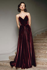 Burgundy A-Line Sweetheart Maxi Velvet Prom Dress