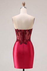 Sparkly Burgundy Corset Tight Short Beaded Ruched Homecoming Dress with Slit