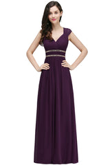 Burgundy Chiffon Sheath V Neck Long Formal Dresses