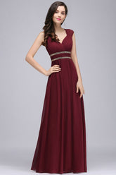 Burgundy Chiffon Sheath V Neck Long Formal Dresses