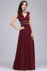 Burgundy Chiffon Sheath V Neck Long Formal Dresses