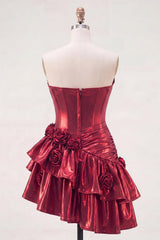 Burgundy Glitter Metallic A-Line Corset Short Homecoming Dress with Ruffles & 3D Flowers