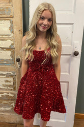 Burgundy Homecoming Dresses A-Line Backless Short Hoco Dress with Pockets