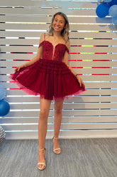 Burgundy Homecoming Dresses A-Line Corset Short Cocktail Dresses with Lace