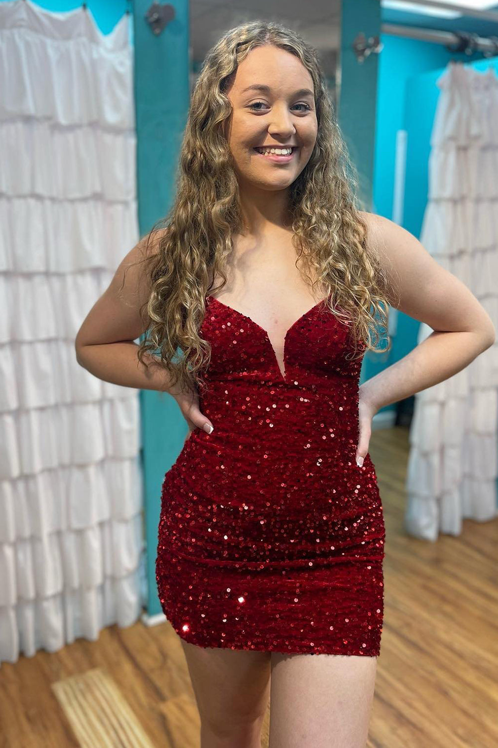 Burgundy Homecoming Dresses Sequin Glitter Prom Dress with Lace-up Back