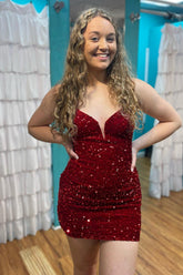 Burgundy Homecoming Dresses Sequin Glitter Prom Dress with Lace-up Back