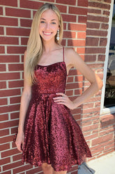 Burgundy Homecoming Dresses Sequin Prom Dress with Criss Cross Back