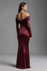 Suzhoufashion Burgundy Mermaid Off The Shoulder Long Satin Evening Dress With Slit