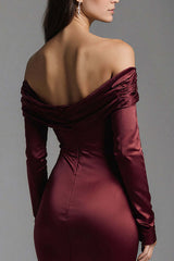 Suzhoufashion Burgundy Mermaid Off The Shoulder Long Satin Evening Dress With Slit
