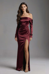 Suzhoufashion Burgundy Mermaid Off The Shoulder Long Satin Evening Dress With Slit