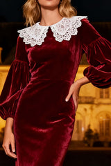 Suzhoufashion Burgundy Mermaid Peter Pan Collar Long Velvet Holiday Party Dress