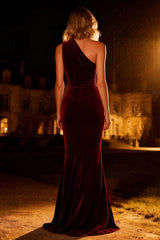 Burgundy One Shoulder Mermaid Keyhole Long Velvet Holiday Party Dress