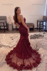 Burgundy One Shoulder Prom Dress Mermaid Sequined Formal Evening Dress with 3D Flowers
