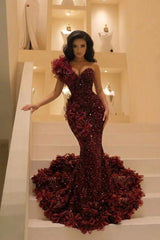 Burgundy One Shoulder Prom Dress Mermaid Sequined Formal Evening Dress with 3D Flowers