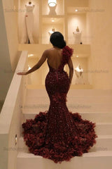 Burgundy One Shoulder Prom Dress Mermaid Sequined Formal Evening Dress with 3D Flowers