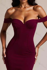Burgundy Prom Dress Crepe Mermaid Off The Shoulder Long Formal Dress