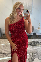 Burgundy Prom Dress One Shoulder Sheath Formal Dress With Slit