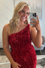 Burgundy Prom Dress One Shoulder Sheath Formal Dress With Slit