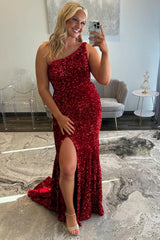 Burgundy Prom Dress One Shoulder Sheath Formal Dress With Slit
