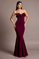 Burgundy Prom Dress Satin Mermaid Backless Strapless Formal Dress