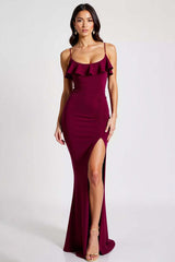Burgundy Prom Dress Spaghetti Straps Mermaid Crepe Long Formal Dress With Slit
