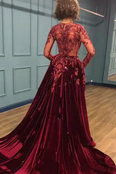 Burgundy Prom Dresses Sparkle Beads Appliques Evening Gowns with Sleeves BC0731